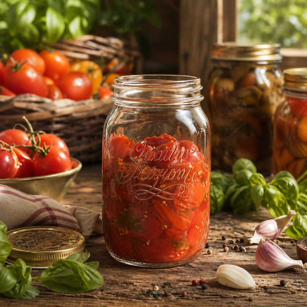 Vaso domestico "Quattro Stagioni" da 1000 ml Barattolo casalingo Quattro Stagioni da 1000 ml pieno di salsa di pomodoro su un tavolo di legno con pomodori freschi e basilico