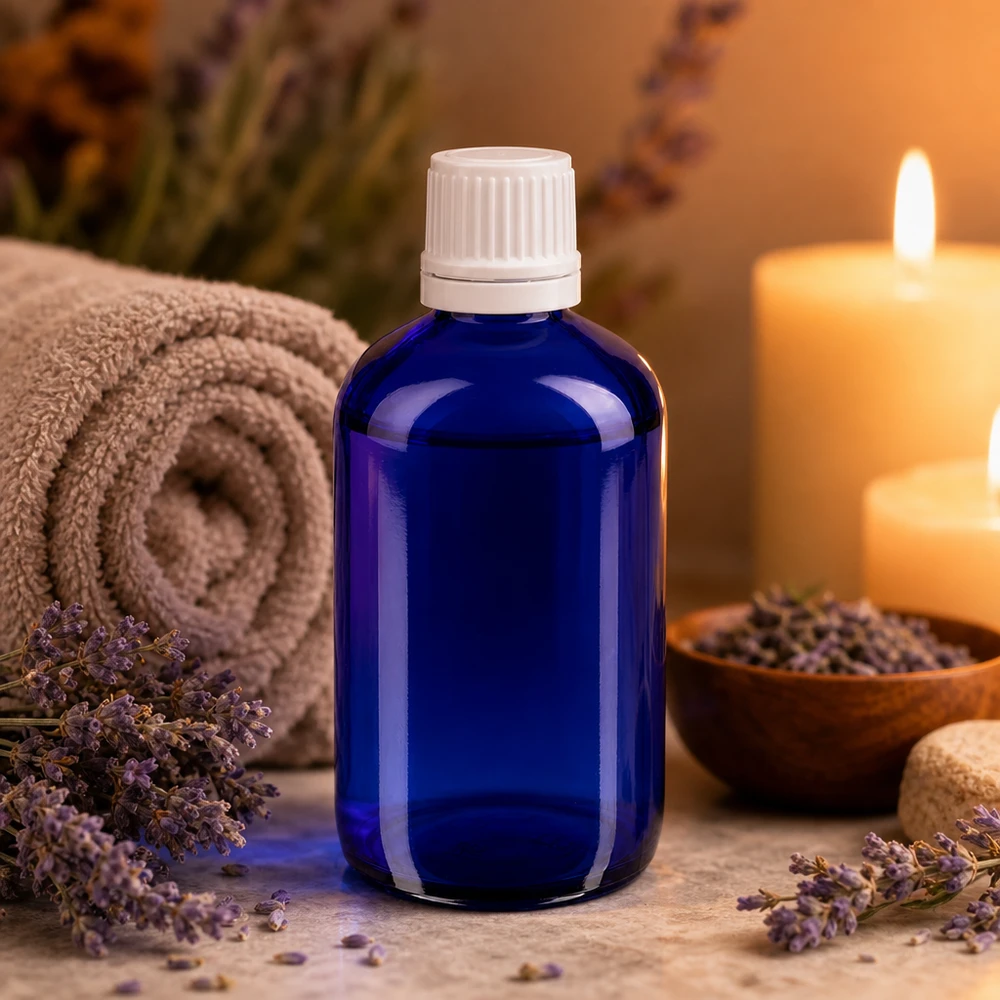 Flacone di vetro blu da 100 ml con tappo contagocce bianco, circondato da fiori di lavanda e candele