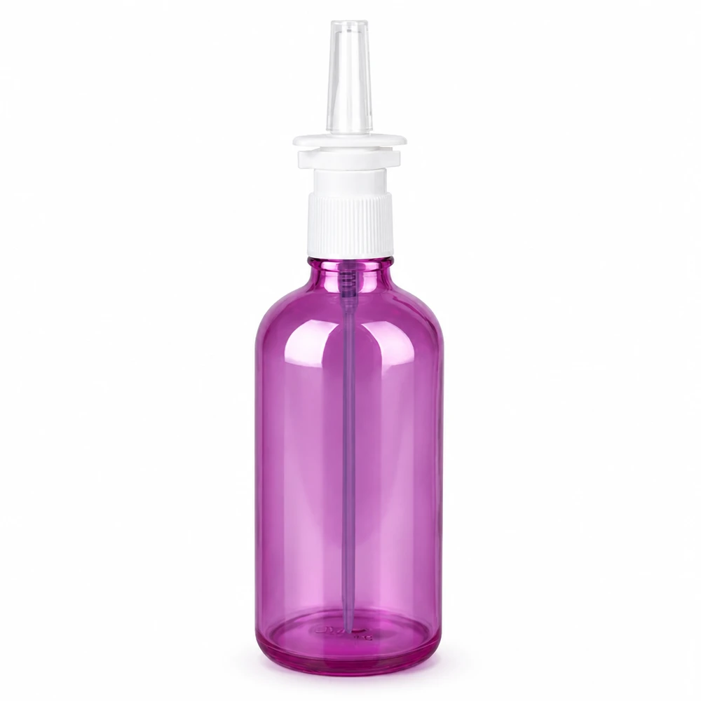 Flacone spray nasale da 100 ml bianco/trasparente standard PurpleLine UT18/100 Contenitore per spray nasale da 100 ml di colore viola con testina bianca per un dosaggio preciso