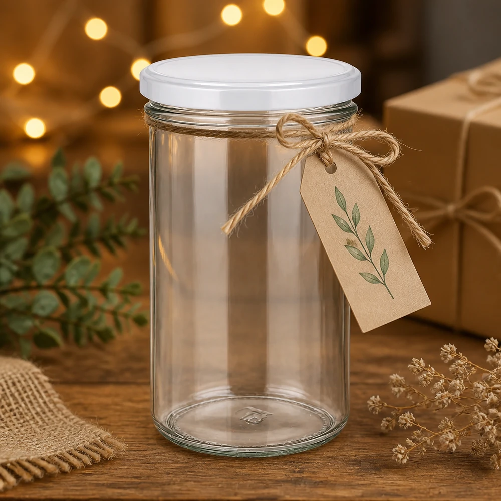 Bicchieri da 277 ml con coperchio BasicSeal bianco UN.. Barattolo mason vuoto da 277 ml con coperchio bianco come idea regalo, decorato con un'etichetta in carta kraft e un nastro di iuta