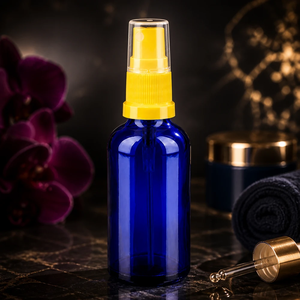 Flacone spray da 50 ml giallo/trasparente STD BlueLine UT18/50 Pratico flacone spray in vetro da 50 ml della serie BlueLine con pratico spruzzatore dosatore per il viaggio