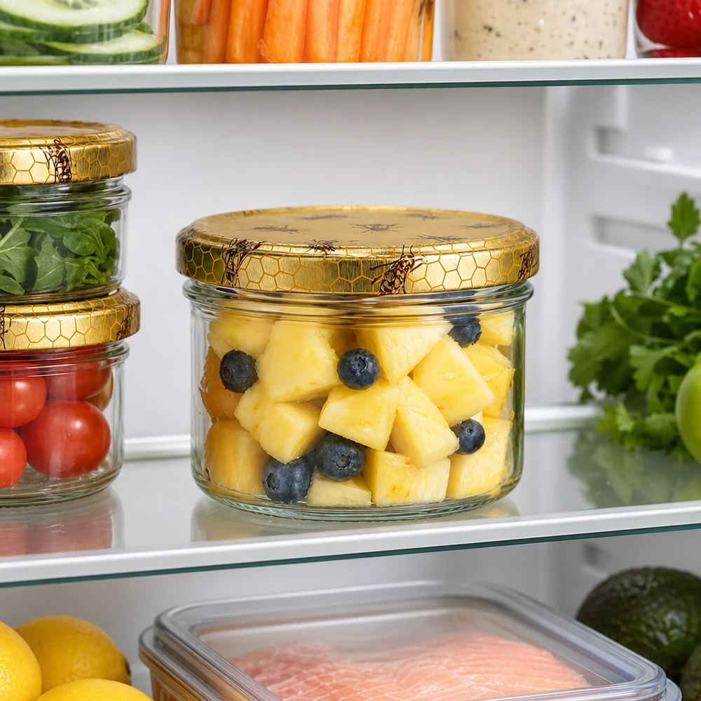 Vasetto per miele da 300 g con capsula con motivo a favo BasicSeal UNiTWIST Vasetto di miele da 300 g in frigorifero come contenitore di ananas e mirtilli freschi con pratico coperchio a nido d'ape