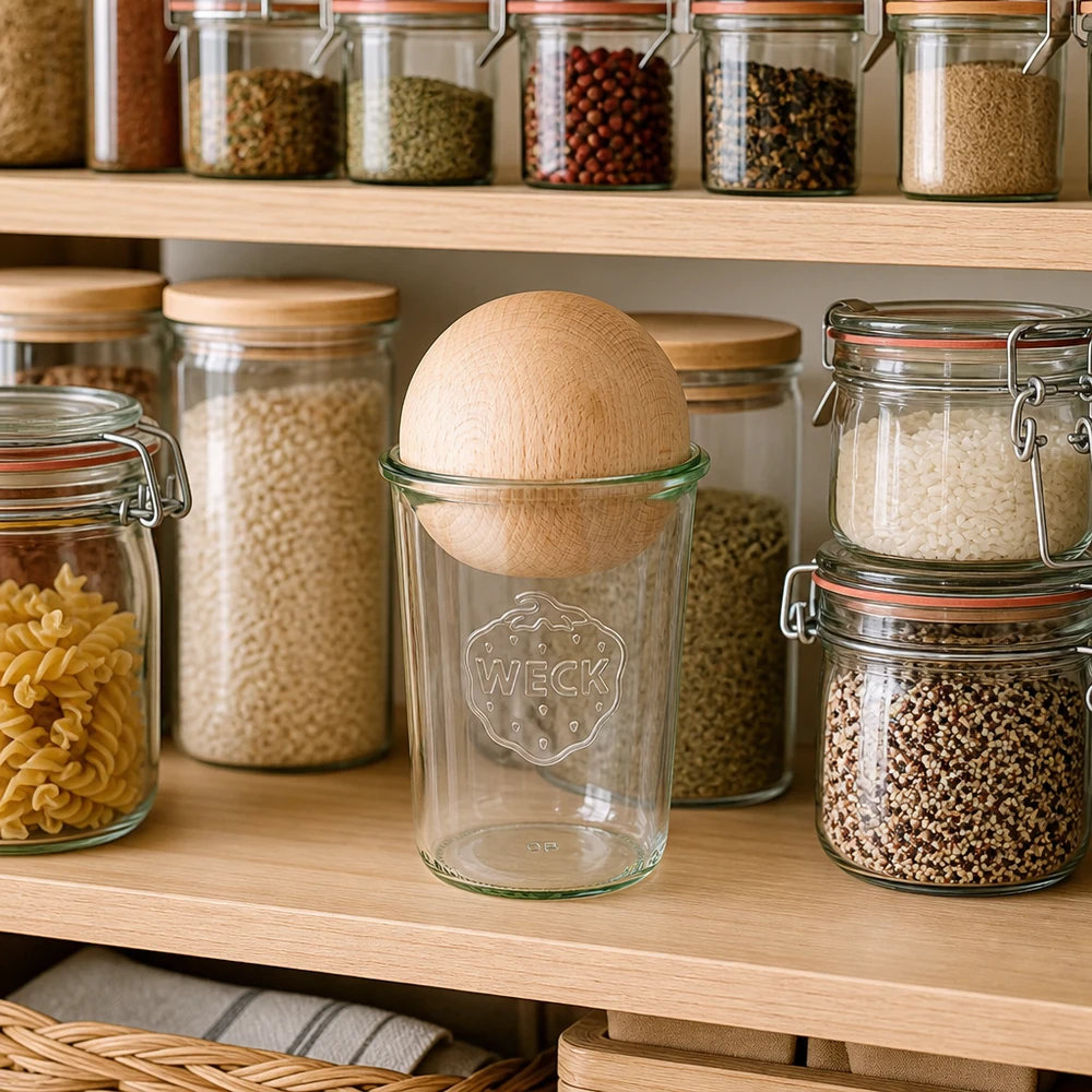 WECK RR100 tumbler 850ml con sfera in legno di faggio in una cucina organizzata tra barattoli di spezie e barattoli di stoccaggio.