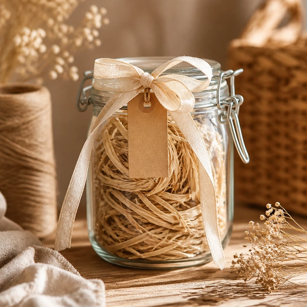 Fibra naturale per decorazioni, 30 g Raffia naturale da 30 g in un barattolo per conserve con nastro ed etichetta come idea regalo per progetti artigianali creativi e decorazioni