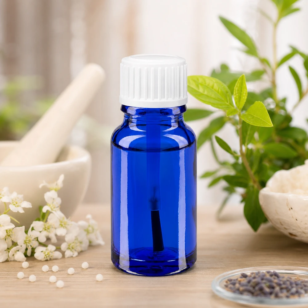 Bottiglia per pennelli 10ml blu STD bianco ApoGlas Flacone di vetro blu da 10 ml con tappo bianco accanto a erbe aromatiche e fiori freschi in un ambiente naturale