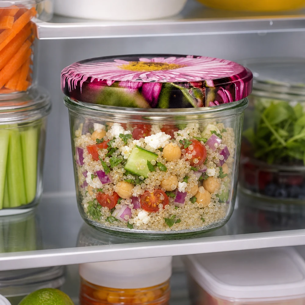 Bicchieri da 230 ml + coperchio BasicSeal design floreale UNiTWIST Vaso da 230 ml con coperchio a fiore BasicSeal in frigorifero, riempito con insalata di quinoa e verdure come preparazione del pasto.