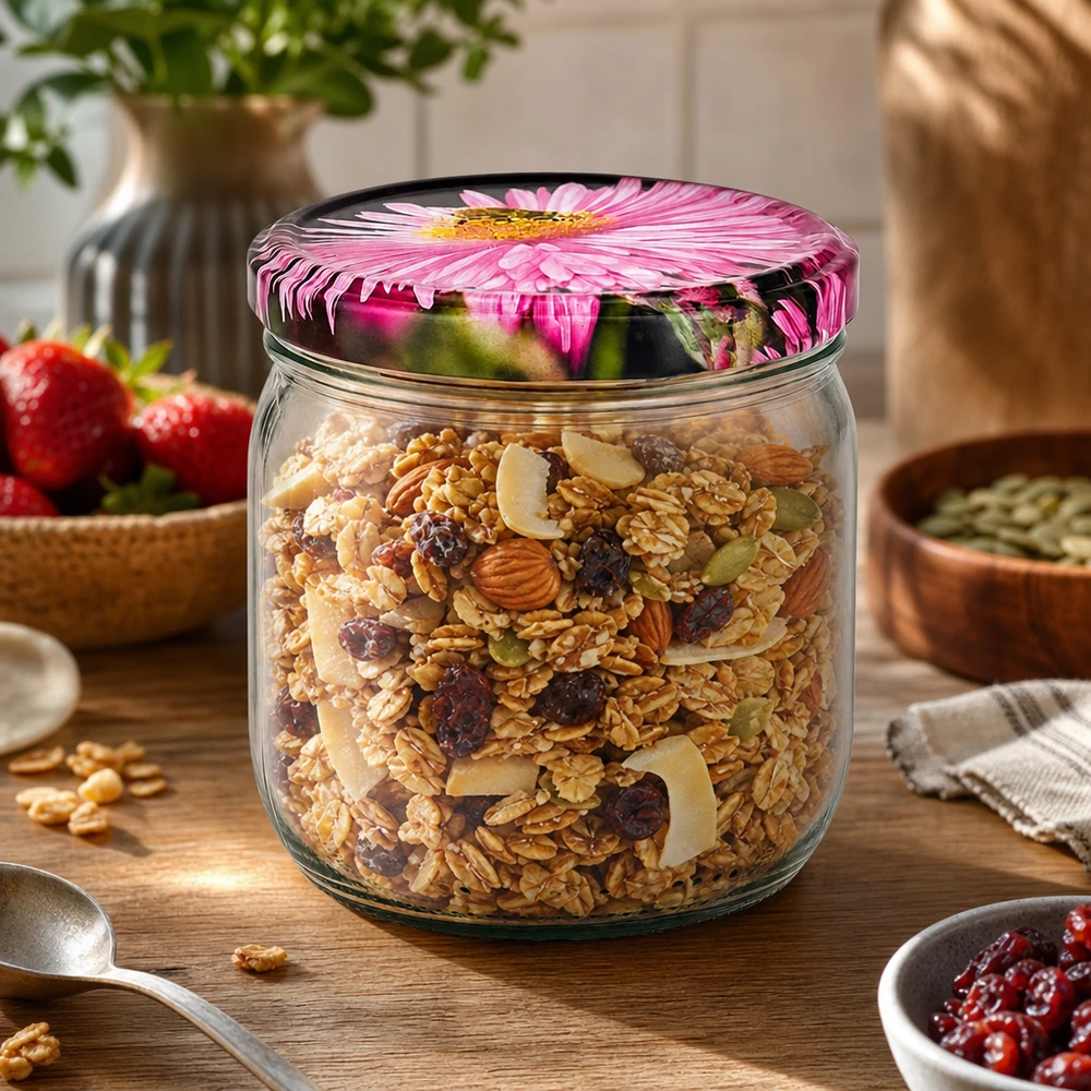 Barattolo di vetro rotondo da 425 ml + coperchio BasicSeal decorazione floreale UN Barattolo rotondo da 425 ml con coperchio a fiore BasicSeal, riempito con muesli e frutta secca in una calda scena di cucina con fragole