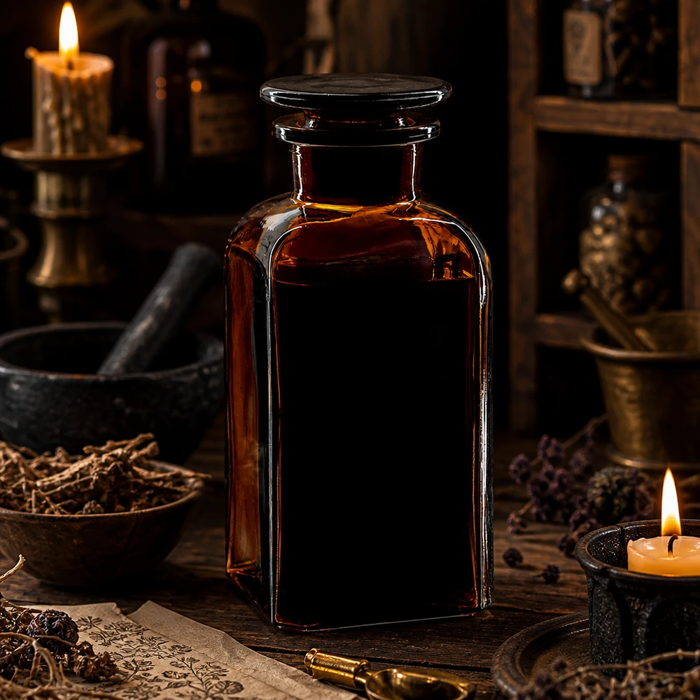 Bottiglia quadrata 350ml marrone con tappo in vetro a collo largo Classica bottiglia quadrata da 350 ml, marrone, con tappo di vetro, alla luce delle candele in una farmacia