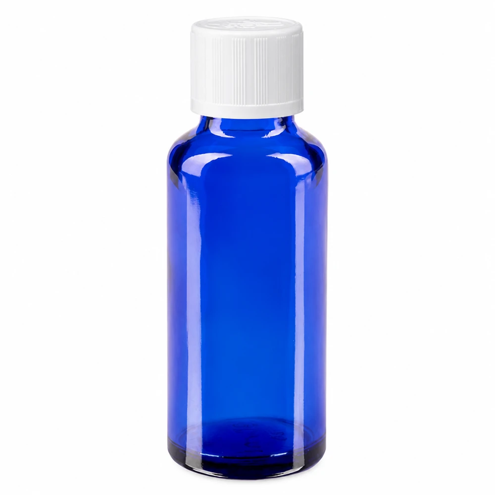 Flacone da farmacia in vetro blu da 30 ml con tappo di sicurezza per bambini bianco e dosatore a gocce da 1,2 mm