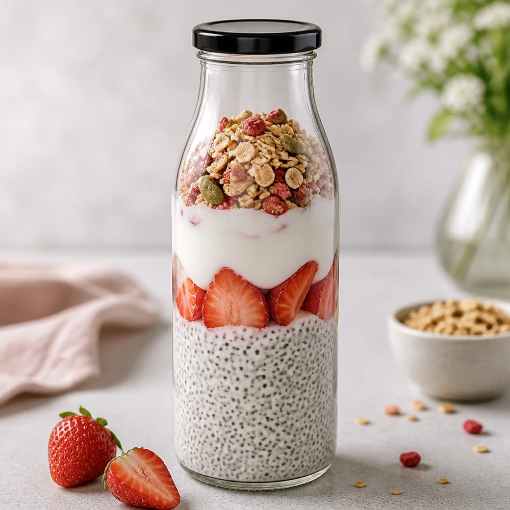 Bottiglia di vetro da 500 ml con coperchio nero per chia pudding con fragole e muesli overnight oats per la colazione