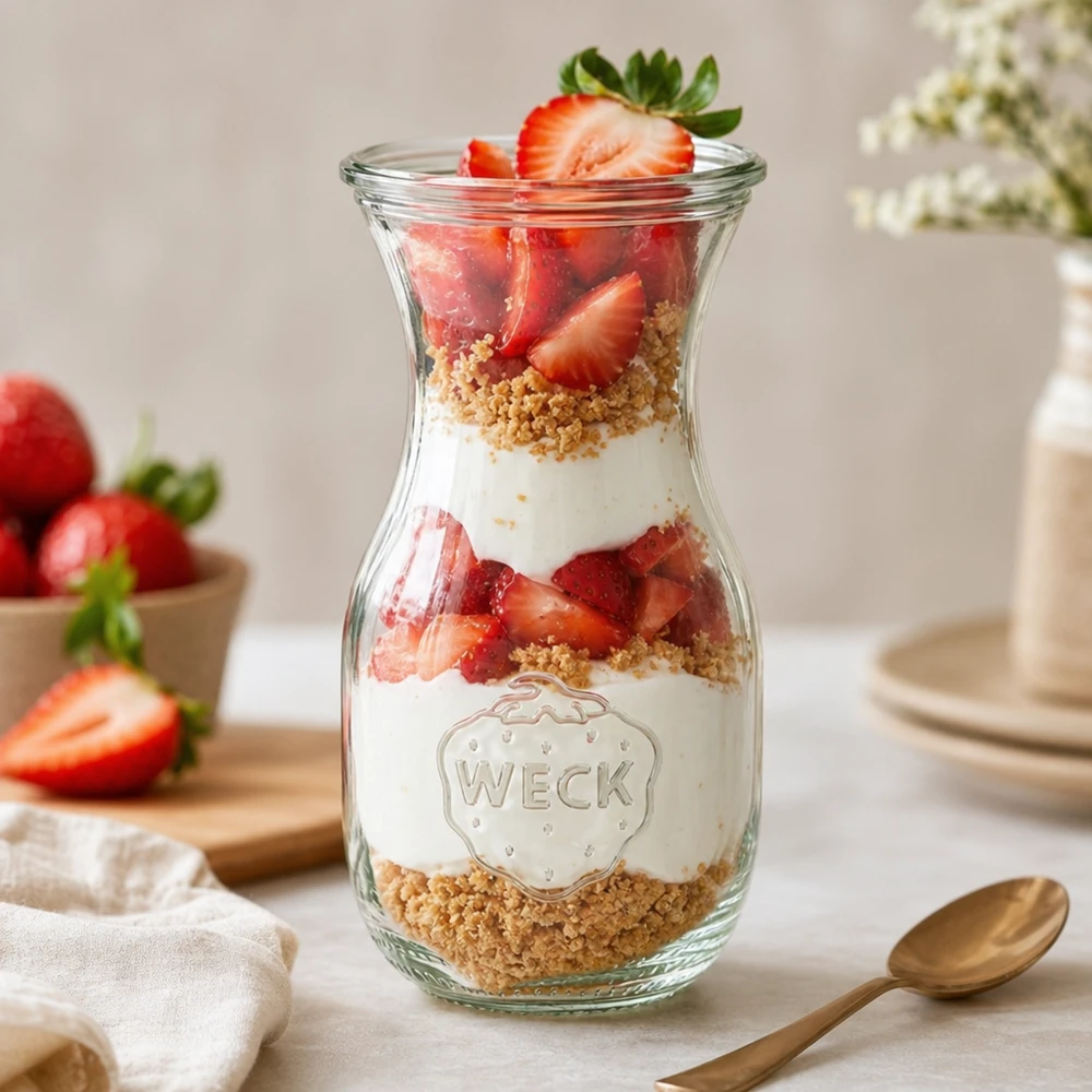 Bottiglia per succhi da 290 ml con coperchio in vetro WECK RR60 Bottiglia di succo WECK da 290 ml RR60 come vasetto da dessert con fragole, yogurt e briciole di biscotti disposti a strati su un tavolo bianco