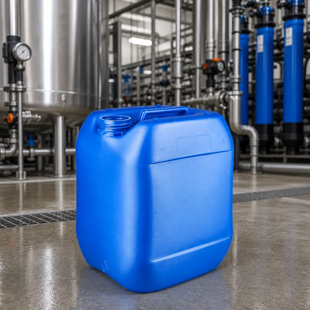 Tanica blu da 10 litri senza tappo davanti all'impianto di trattamento dell'acqua con sistema di tubazioni
