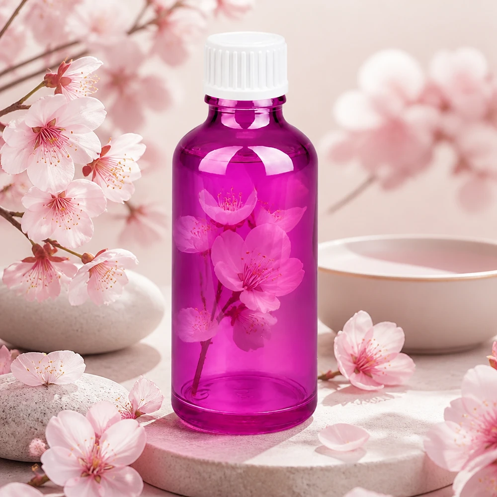 Flacone da 50 ml (globuli) con anello versatore da 3 mm bianco Standard PurpleLine. UT18/50 Elegante flacone in vetro viola da 50 ml, di dimensioni ottimali per il trasporto di cosmetici e campioni.