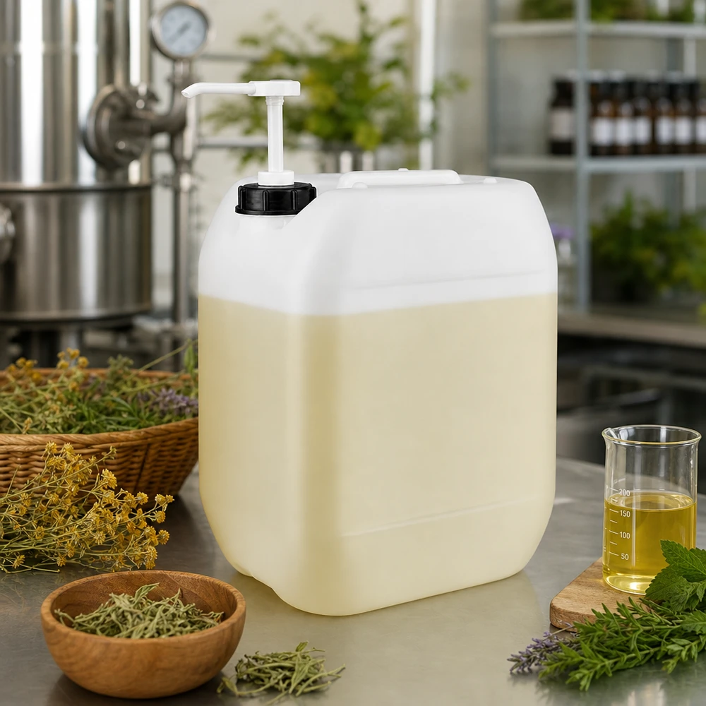 Tanica da 10 litri color crema con pompa dosatrice per cosmetici naturali ed estratti vegetali