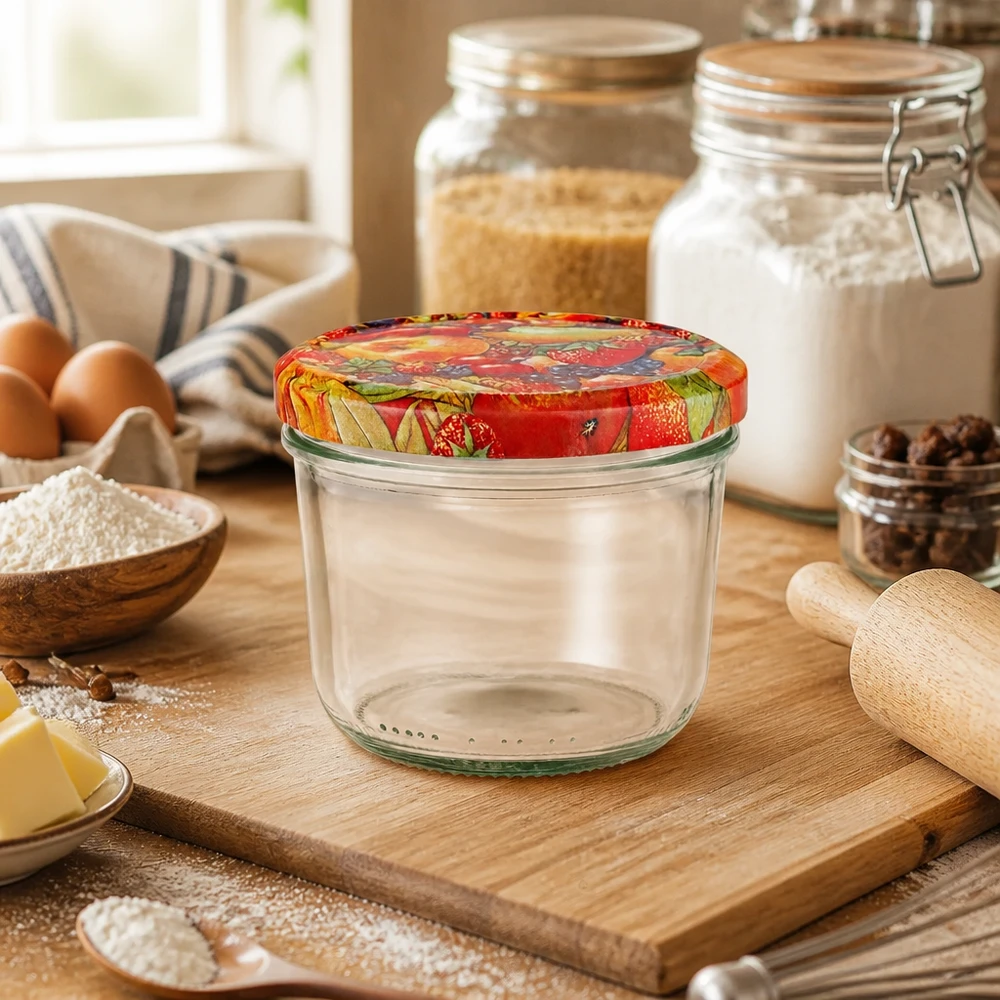 Bicchieri da 230 ml + coperchio BasicSeal con decorazione di frutta UN.. Bicchieri vuoti da 230 ml con coperchio BasicSeal con decoro di frutta in cucina, su una tavola di legno accanto agli ingredienti da forno e ai barattoli per la conservazione.