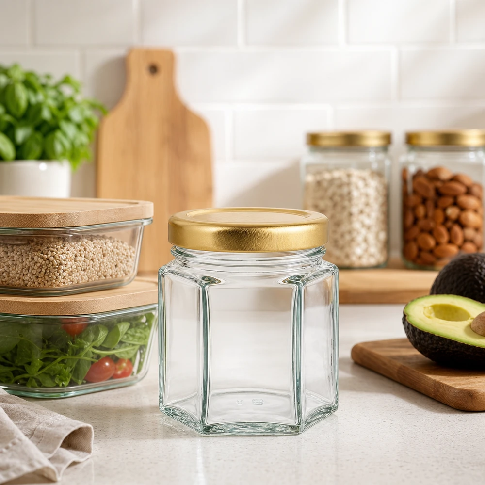 Vasetto per miele da 60 g con capsula dorata BasicSeal UNiTWIST Vaso di miele da 60 g esagonale vuoto in cucina moderna con vasetti di stoccaggio avocado e tavola di legno come decorazione