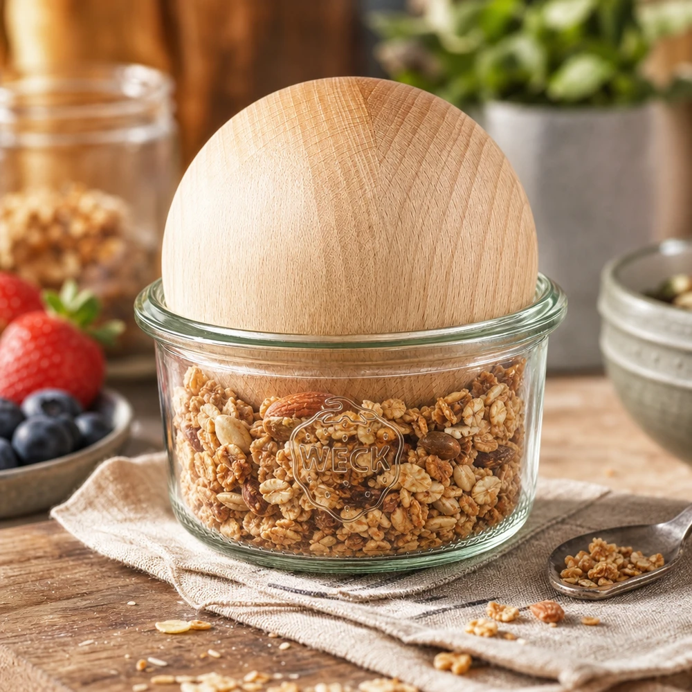 Bicchieri WECK RR80 da 165 ml con sfera in legno di faggio WECK 165ml RR80 tumbler riempito con noci e coperchio a sfera in faggio come contenitore in cucina