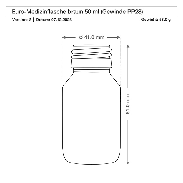 Flacone per medicinali da 50 ml marrone, con tappo in alluminio argentato A Robuste Braunglasflasche 50ml mit weiter Flaschenöffnung PP28 ideal für Pulver und Granulate