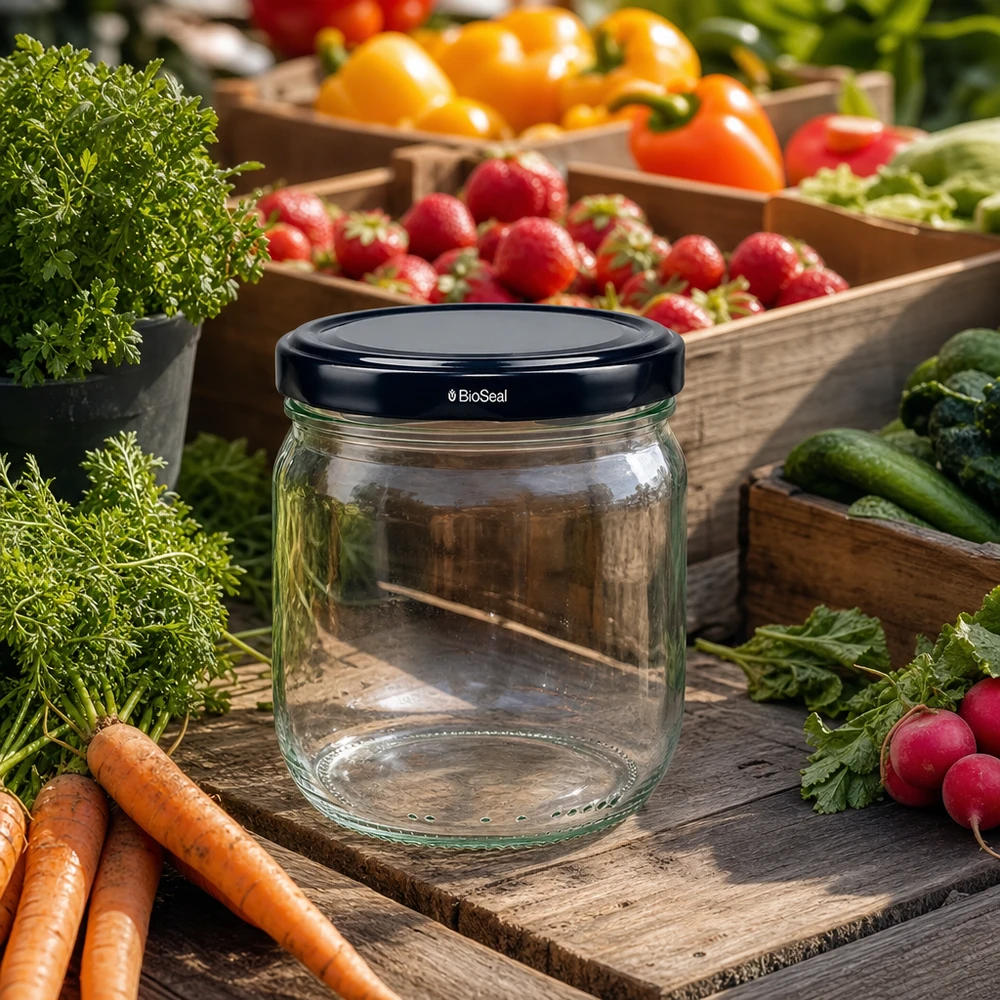 Vaso rotondo da 425 ml BioSeal nero vuoto su tavola di legno, circondato da verdure ed erbe fresche.