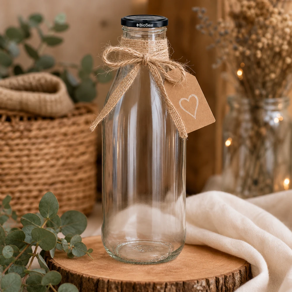 Bottiglia di vetro da 1000 ml + coperchio BioSeal nero UN.. Bottiglia di vetro da 1000 ml Coperchio BioSeal su disco di legno decorato fiocco di iuta ciondolo a cuore decorazione rustica sostenibile
