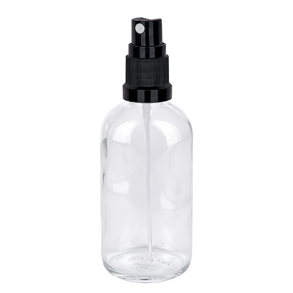 Flacone spray da 100 ml nero/tr. STD ClearLine UT18/100 Flacone spray in vetro trasparente da 100 ml con erogatore a pompa nero, serie ClearLine