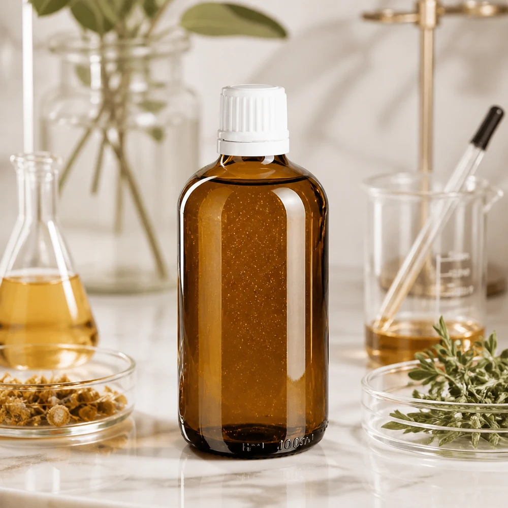 Bottiglia da farmacia marrone da 100 ml. SV OV bianco/11mm ApoGlas Flacone da farmacia marrone da 100 ml con tappo di sicurezza per bambini bianco, tra erbe aromatiche e piastre di Petri