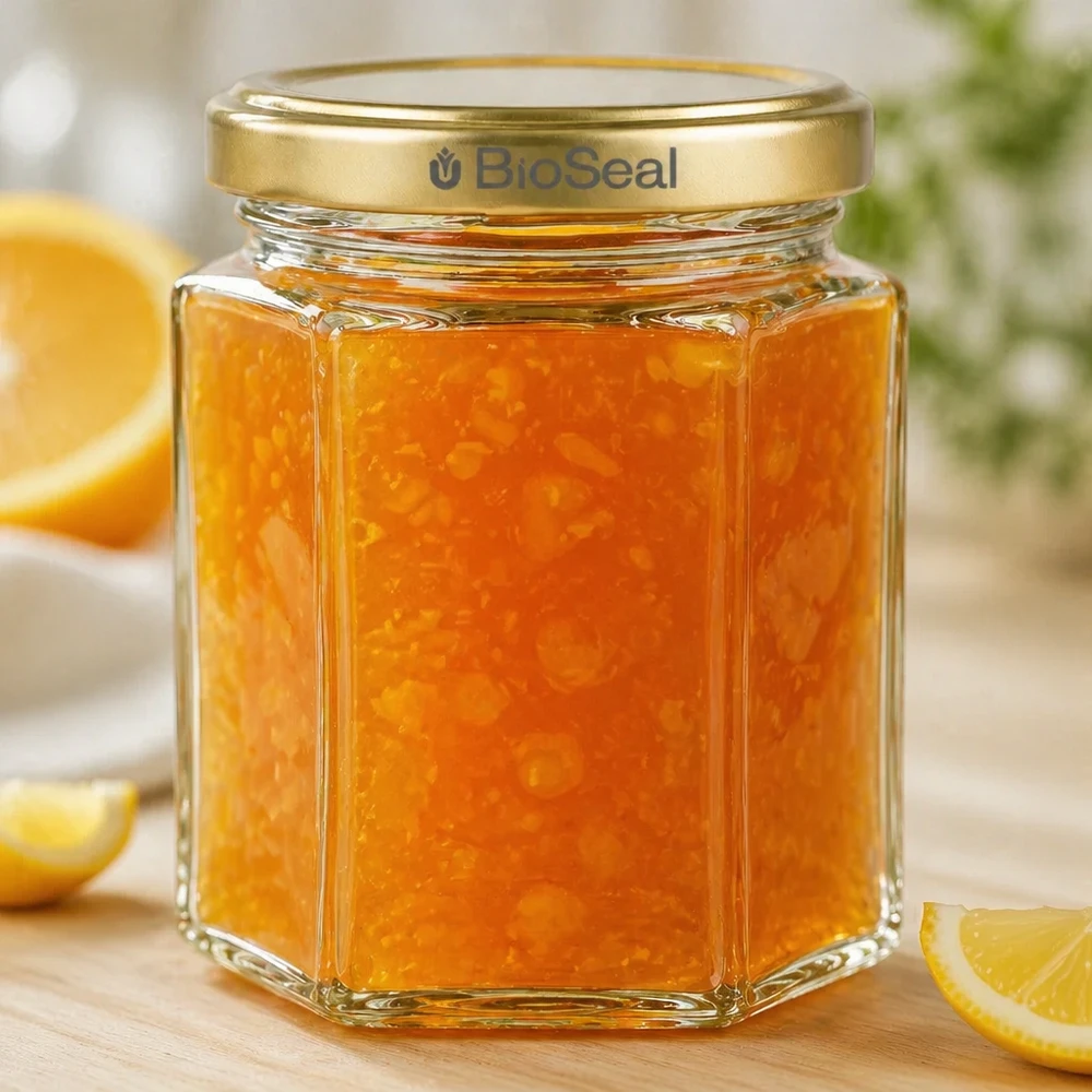 Vasetto per miele da 250 g con capsula dorata BioSeal UNiTWIST Vasetto di miele da 250 g esagonale riempito di marmellata di arance Coperchio d'oro BioSeal accanto a fette d'arancia su tavola di legno