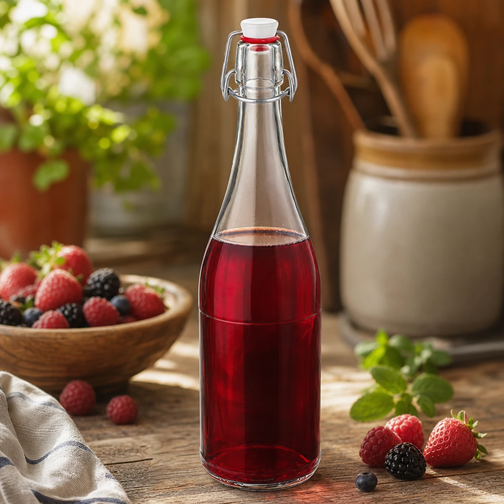 Bottiglia in vetro da 750 ml + tappo a battente in PVC UNiTWIST Bottiglia di vetro da 750 ml con tappo oscillante riempita di succo di bacche cucina still life bacche miste bevanda di frutta rustica