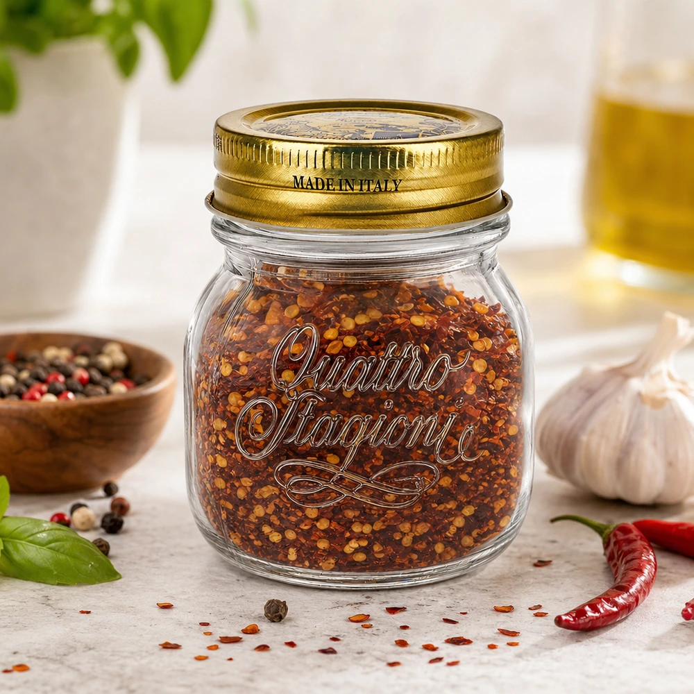Barattolo rotondo Quattro Stagioni da 150 ml con coperchio dorato pieno di mix di spezie al peperoncino Made in Italy