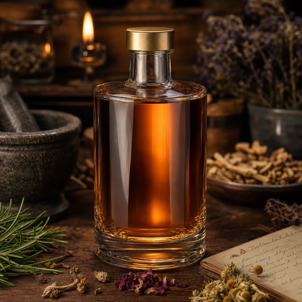 Bottiglia in vetro Sam da 375 ml con tappo a vite dorato, riempita di liquido ambrato con scenari rustici a base di erbe.