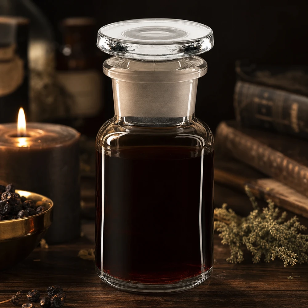 Fiaschetta da farmacia vintage da 50 ml a collo largo con contenuto rosso scuro e tappo di vetro alla luce delle candele