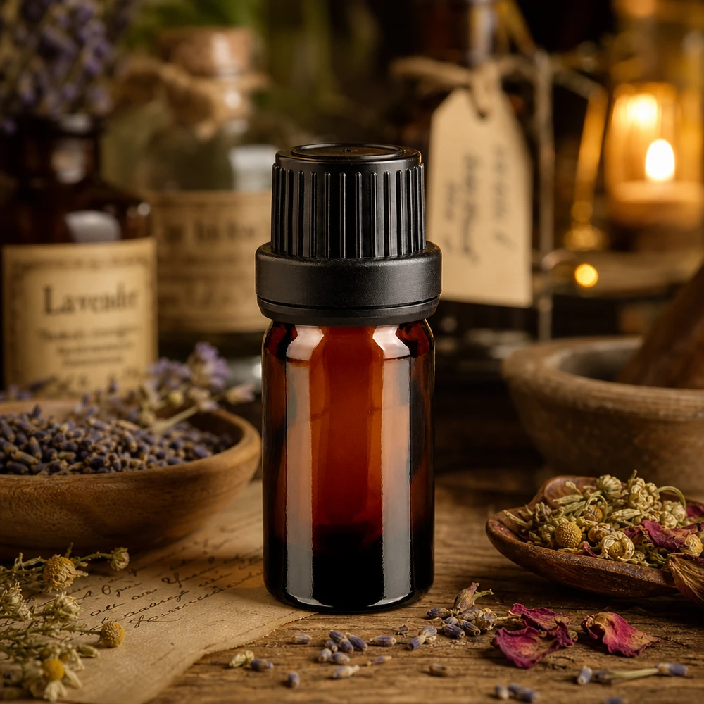 Flacone da 5 ml in vetro ambrato con tappo nero da 11 mm, tra lavanda ed erbe medicinali