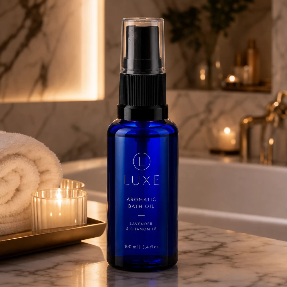Flacone spray blu da 30 ml. STD nero/trasp. apoGlas Flacone spray da farmacia in vetro blu da 30 ml con nebulizzatore nero in un elegante bagno di lusso
