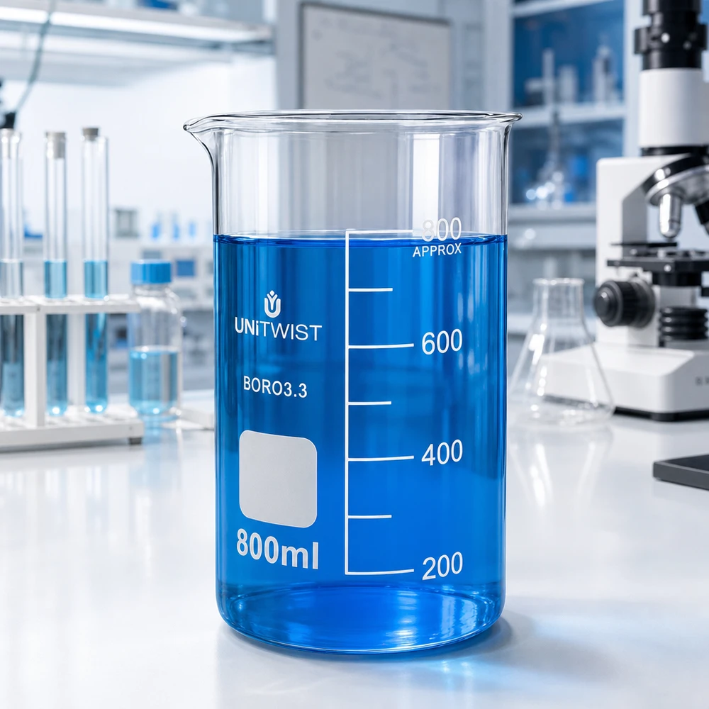 Becher da laboratorio UNITWIST da 800 ml, modello alto, in borosilicato, con liquido blu su un banco da laboratorio bianco