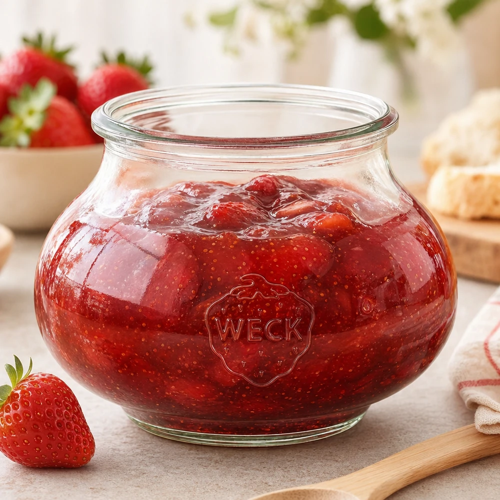 Barattolo decorativo WECK RR80 560ml con marmellata di fragole fatta in casa e cucchiaio di legno sul piano di lavoro della cucina