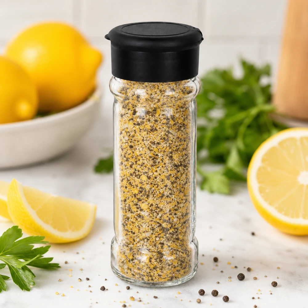 Barattolo di spezie al pepe e limone da 100 ml con spargitore nero, circondato da limoni freschi e prezzemolo