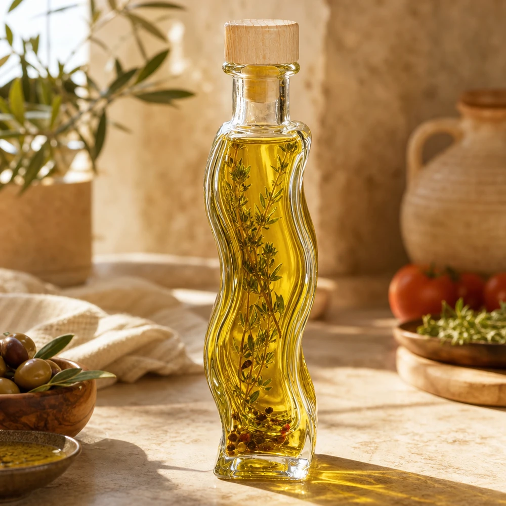 Bottiglia di vetro da 100 ml di Melissa riempita di olio alle erbe rametti di rosmarino Cucina mediterranea olio d'oliva tappo di legno olio alle spezie