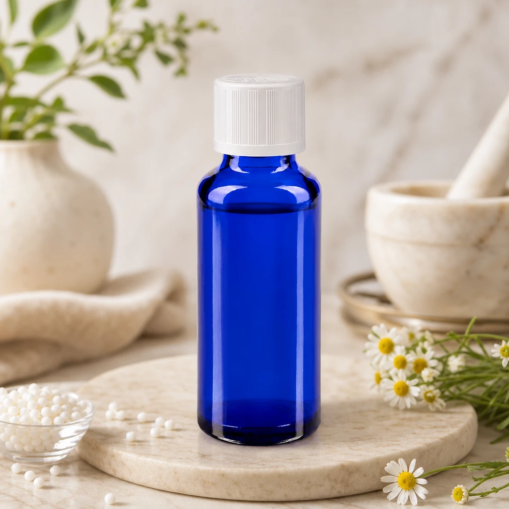 Flacone da farmacia da 30 ml in vetro blu con tappo KiSi bianco, tra fiori di camomilla e un mortaio