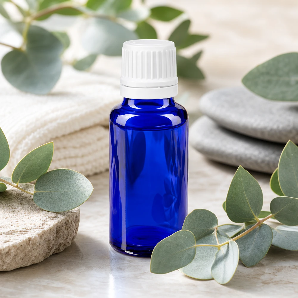 Bottiglia da farmacia blu da 20ml. SV OV bianco/11mm ApoGlas Flacone da farmacia da 20 ml blu cobalto con tappo OV bianco tra rami di eucalipto su marmo