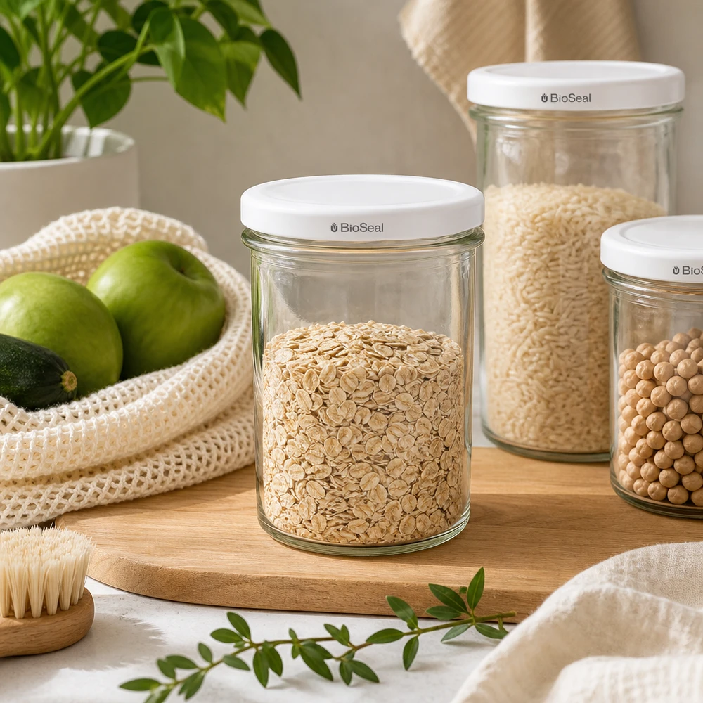 UNiTWIST Lintel350 con coperchio bianco TO82 BioSeal UNiTWIST Sturz350 Vorratsgläser mit TO82 BioSeal in nachhaltiger Zero-Waste Küche für plastikfreie Aufbewahrung