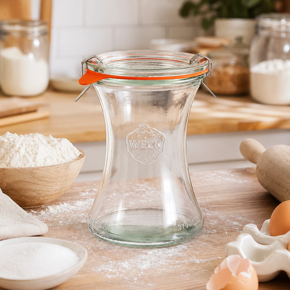 Barattolo da 370 ml della linea WECK RR80 WECK barattolo da gastronomia 370ml RR80 vuoto in cucina con ingredienti da forno farina uova utensili in legno ambiente cucina