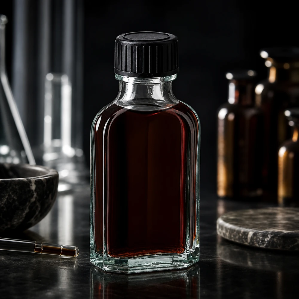 Flacone di vetro Meplat da 50 ml con contenuto marrone scuro e tappo a vite nero in laboratorio
