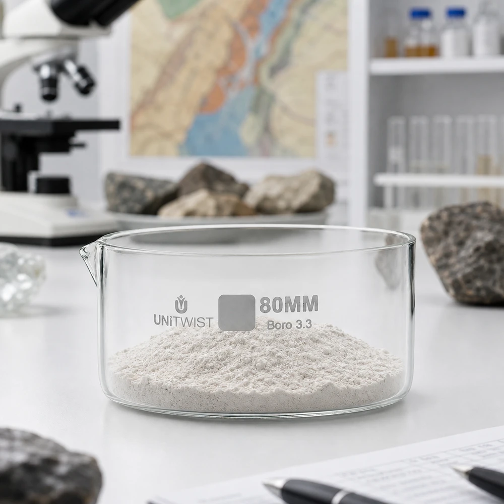 Piatto per cristallizzazione ø80 mm in vetro borosilicato UNiTWIST Vaschetta di cristallizzazione da 80 mm con polvere bianca sul banco di laboratorio accanto ai campioni di roccia UNiTWIST