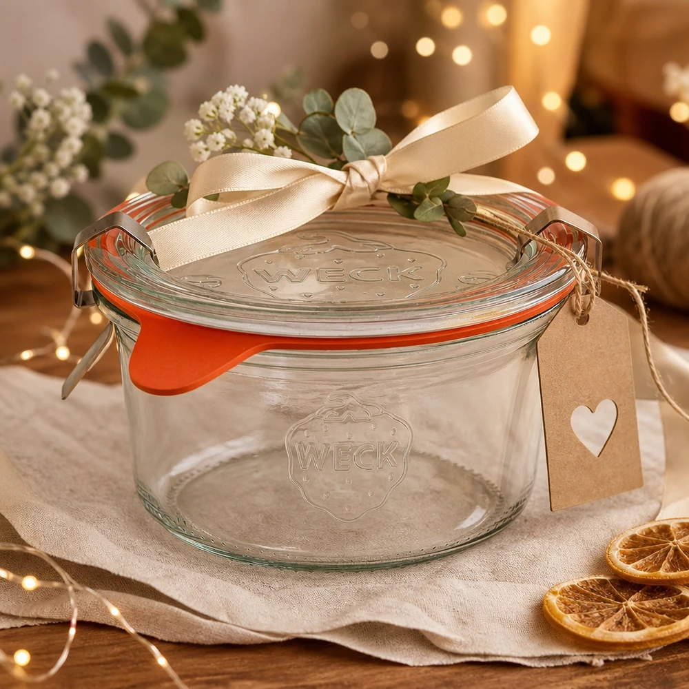 Bicchieri WECK 165ml RR80 in regalo, decorati con fiocco, ciondolo e fiori su una tavola imbandita.