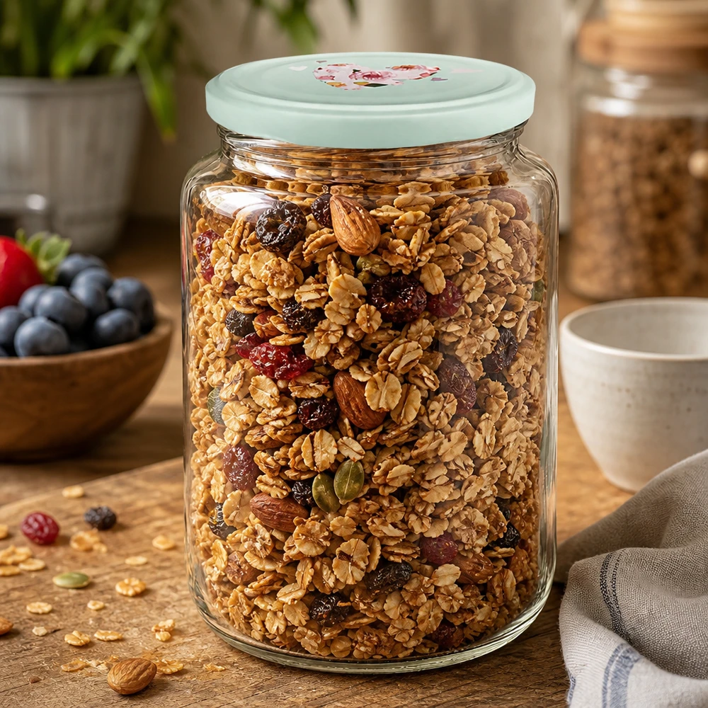 795ml vaso rotondo + coperchio BasicSeal cuore menta UNiTWIST Il barattolo rotondo da 795 ml, riempito con muesli e frutta secca, mostra il coperchio a forma di cuore di menta come pratico barattolo per cereali