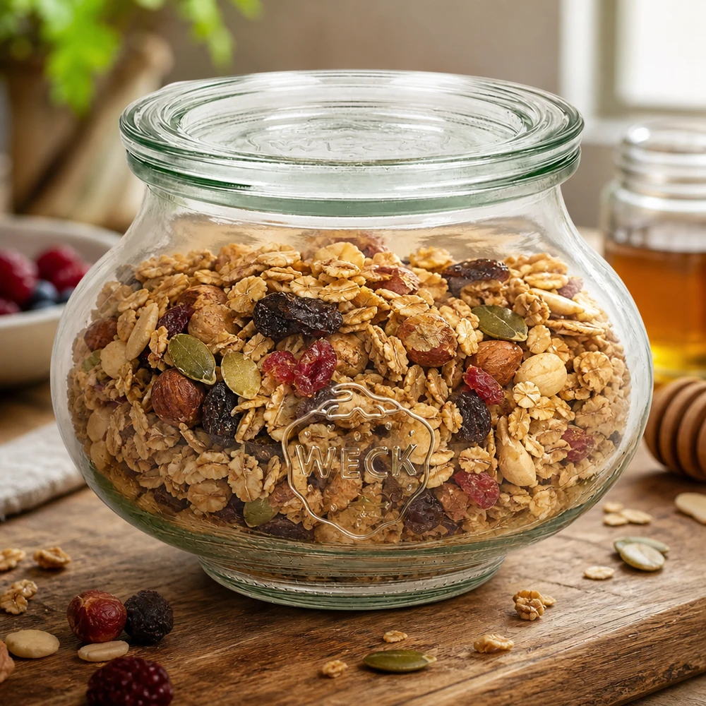 Vaso decorativo WECK da 560 ml RR80 con muesli fatto in casa, noci e frutta secca, come contenitore su un tavolo di legno