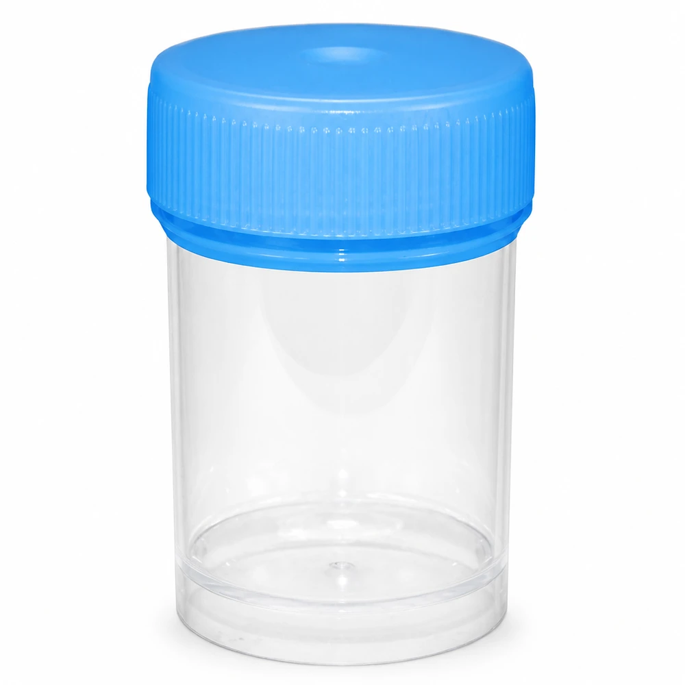 Vaso universale in plastica (pathovessel) 20ml Contenitore universale per campioni da 20 ml in plastica trasparente con coperchio blu per laboratorio