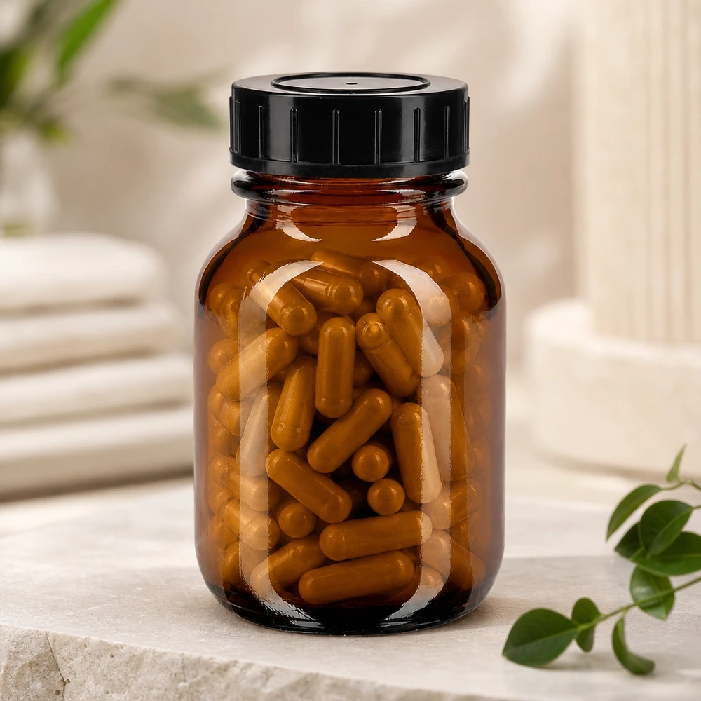 Bottiglia a collo largo da 50ml in vetro ambrato con tappo a vite Bottiglia in vetro ambrato da 50 ml con ampia apertura e tappo nero per un facile riempimento