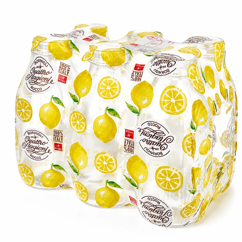 Bottiglia in vetro da 1000ml "Quattro Stagioni" con coperchio Confezione da 6 bottiglie di vetro Quattro Stagioni da 1000 ml avvolte in carta stagnola, bottiglie di latte Bormioli Rocco con motivo a limone