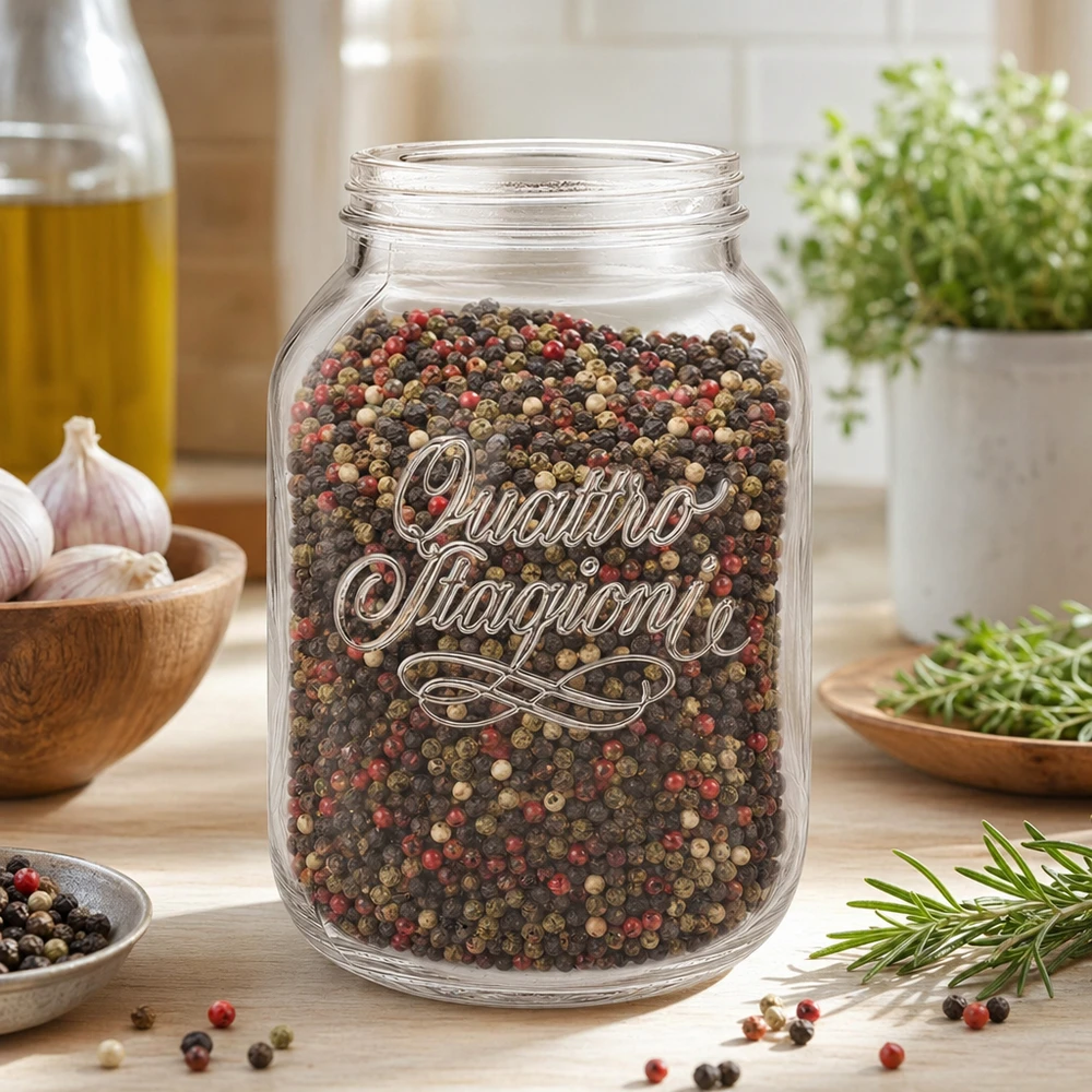 Vaso domestico Quattro Stagioni da 3000 ml pieno di grani di pepe colorati in una cucina moderna con erbe e spezie